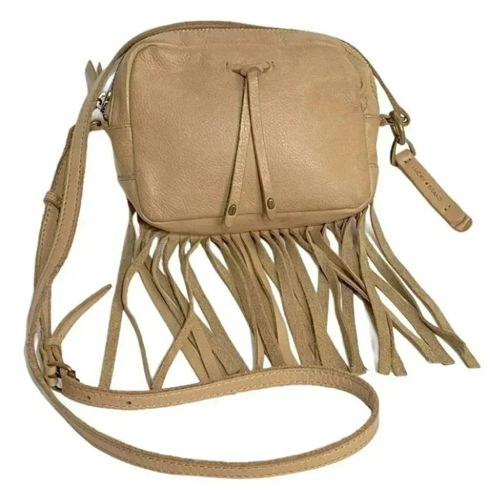 Lucky Brand Beige Fringe Leather Crossbody Bag